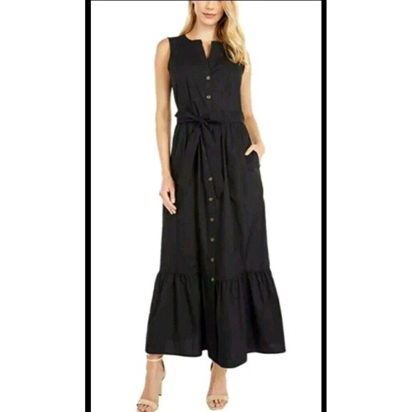 Calvin Klein Cotton Maxi Midi Dress Ruffle Hem Black SZ 10 - Picture 3 of 7
